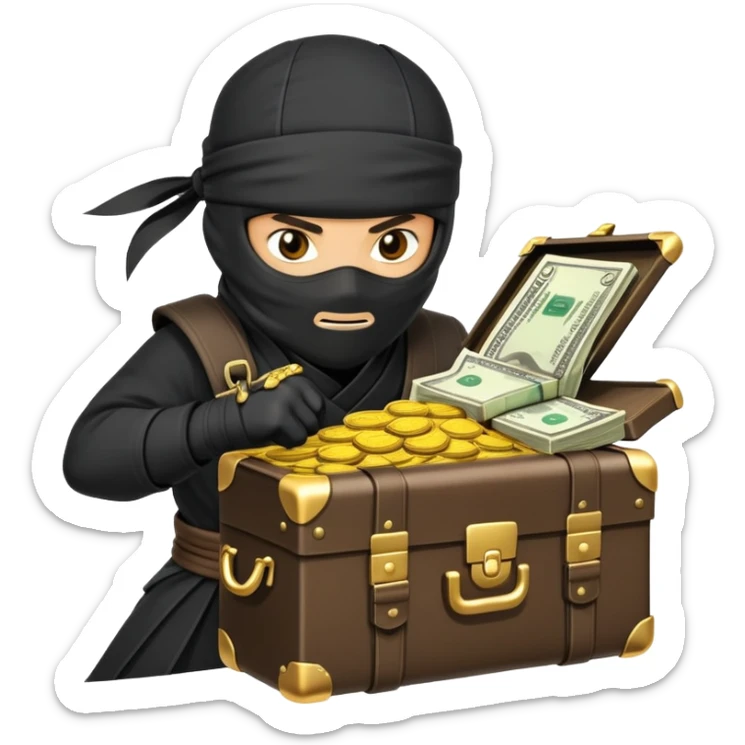 Sneaky ninja character with a treasure briefcase of gold coins and bills sticker