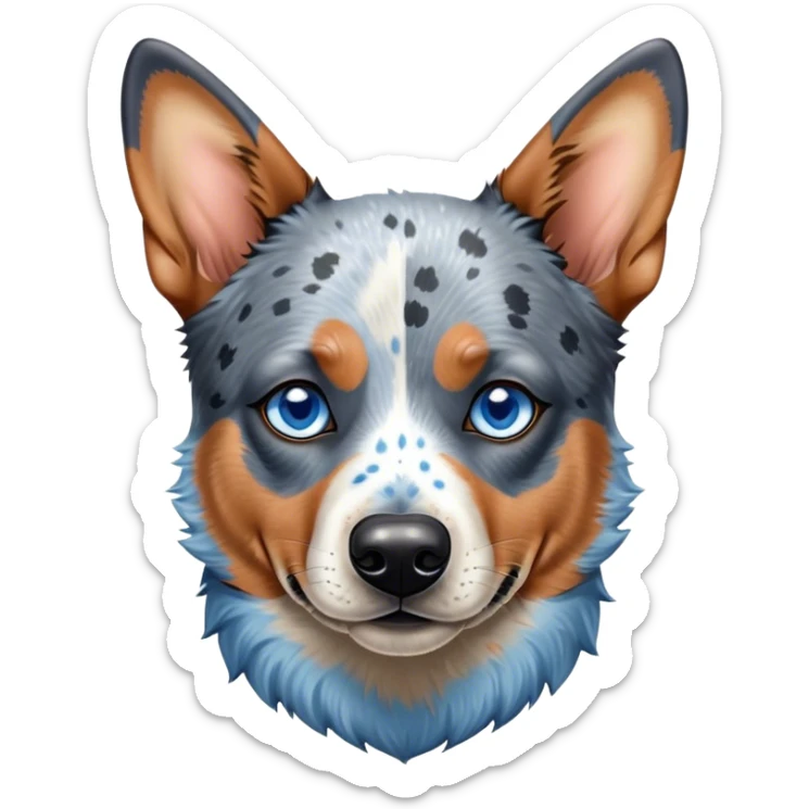 Cinematic Noble Blue Speckle Australian Cattle Dog Portrait Emoji, Poised and regal, with a robust, athletic build and a striking blue speckle Fur, piercing blue eyes, Simplified yet sharp and sophisticated features, highly detailed, glowing with a cool, dignified glow, high shine, intelligent and hardworking, stylized with an air of precision, focused and attentive, soft glowing outline, capturing the essence of a watchful and determined herder, so majestic it feels as though it could leap out of the screen with effortless authority! sticker