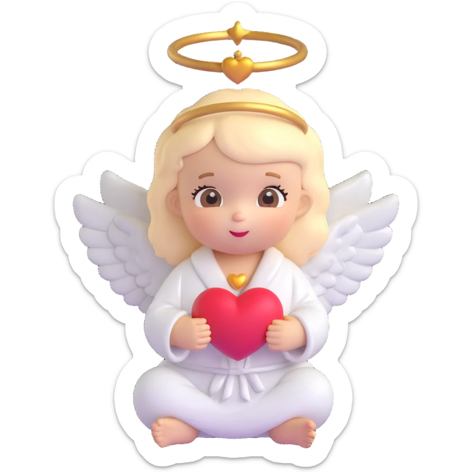 baby angel holding a heart, golden halo, white robe, blushing cheeks, cartoonish proportions sticker