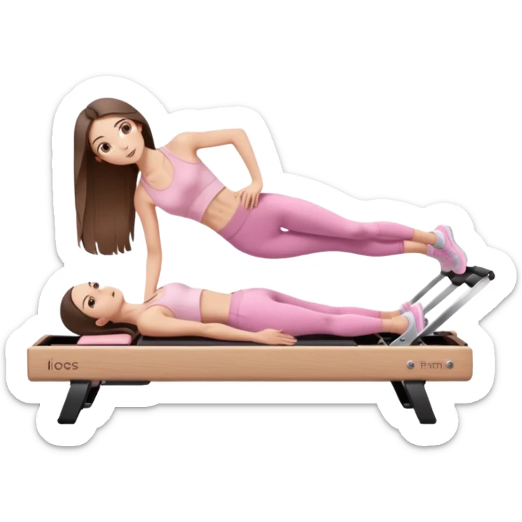 pretty skinny white brunette teen long hair with hazel eyes and a small waist in light pink workout clothes in a plank on a pilates reformer sticker