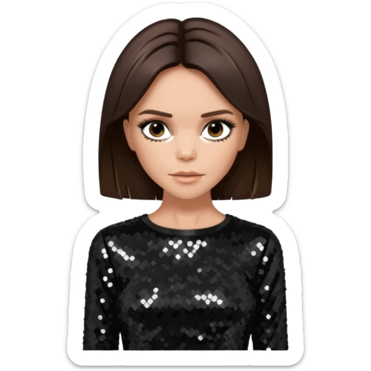 Victoria Beckham from Spice Girls with medium dark brown hair, black sequin outfit sticker