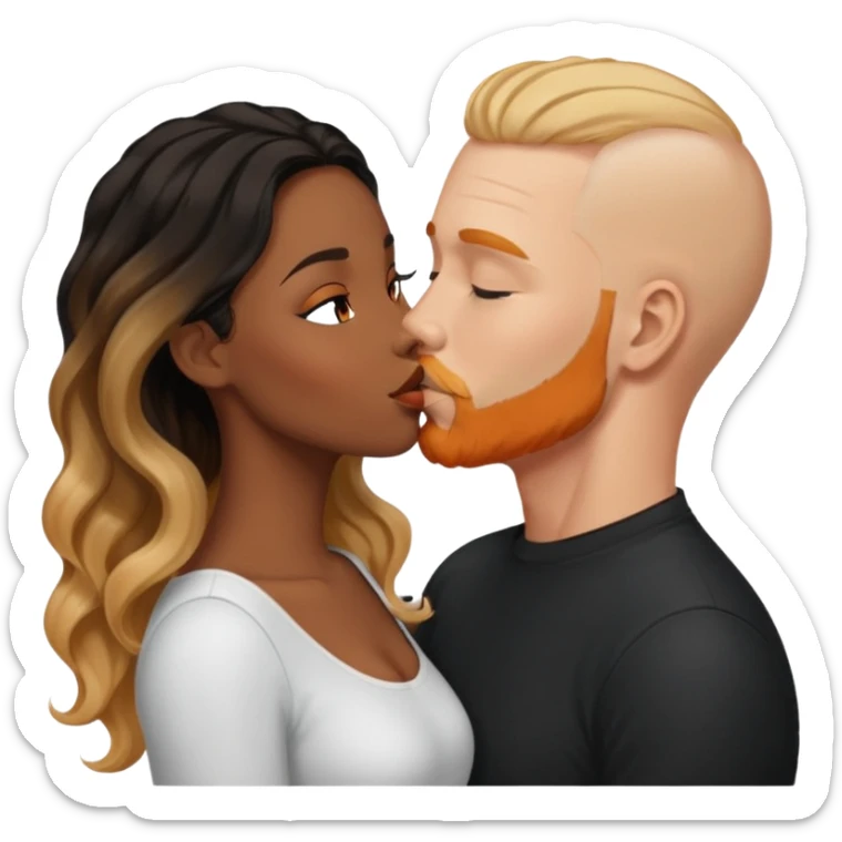 ebony black women with long brown/black wavy hair with blonde balayage highlights kissing bald white man. White man has orange facial hair sticker