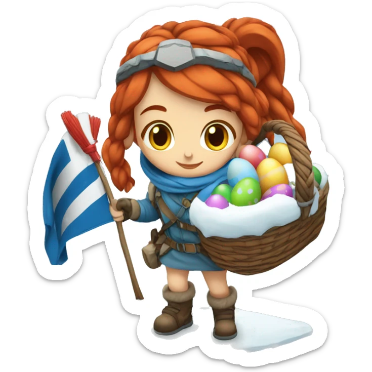 Greek Female winter mountaineer red hair white skin climbing with Greek Flag and Easter eggs basket sticker