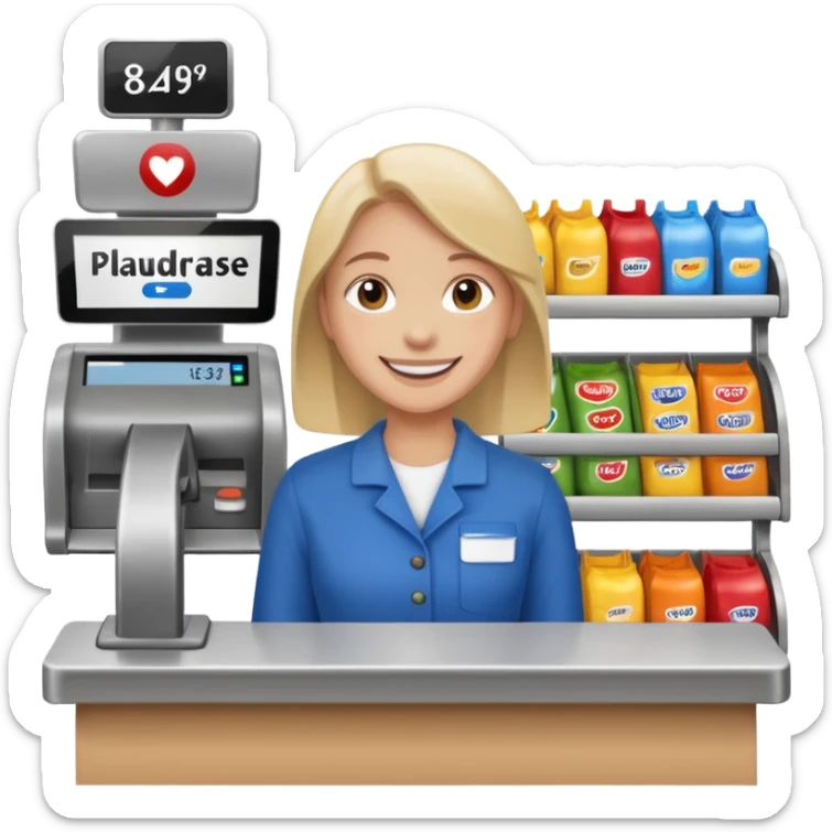 Eine Person die an der Supermarktkasse steht. Die Kasse ist gekennzeichnet als Plauderkasse. sticker