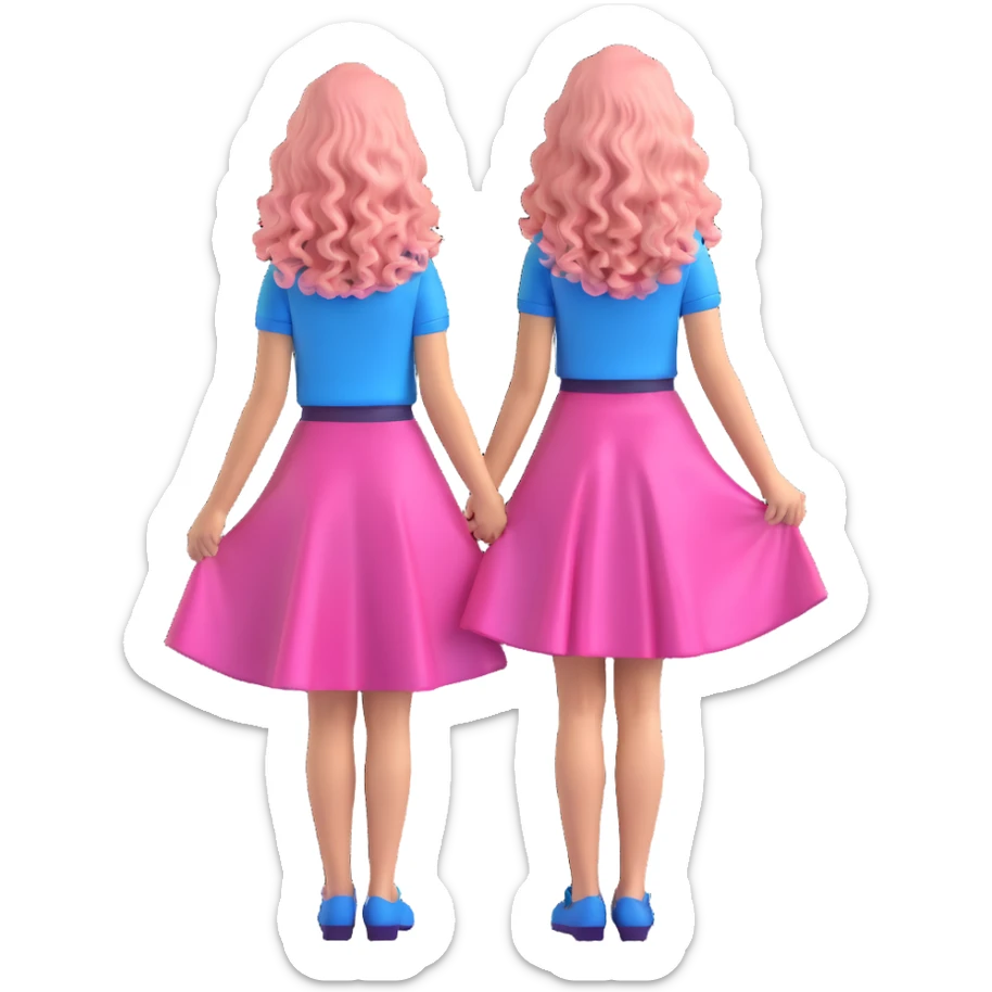 Create a 3D iOS emoji style image of a girl with long curly hair wearing a blue top and pink skirt, holding her dress, seen from the back. The image should be shiny and glossy on a white background. sticker
