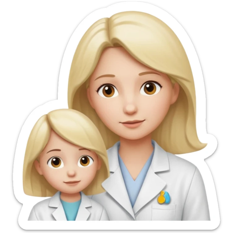 Mostre uma mulher vestida de jaleco branco, atendendo uma criança, expressão leve e detalhamento suave típico de emojis modernos. A cena deve ter um visual limpo, com sombras sutis e contornos suaves, mantendo o estilo cartoon 3D usado em emojis do iOS. Mantendo coerência com o estilo emoji.” sticker
