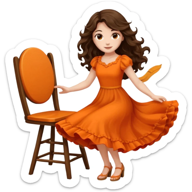 Long dark wavy hair women in orange standing and twirling around a chair  sticker