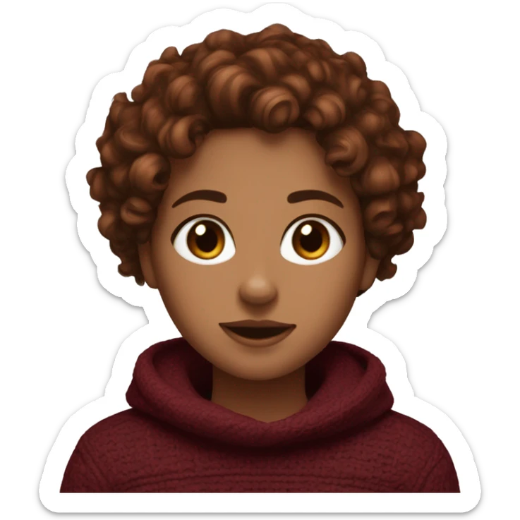 Girl with type 3B big curly copper brown hair, medium dark brown eyes, pals skin, wearing a maroon sweater  sticker