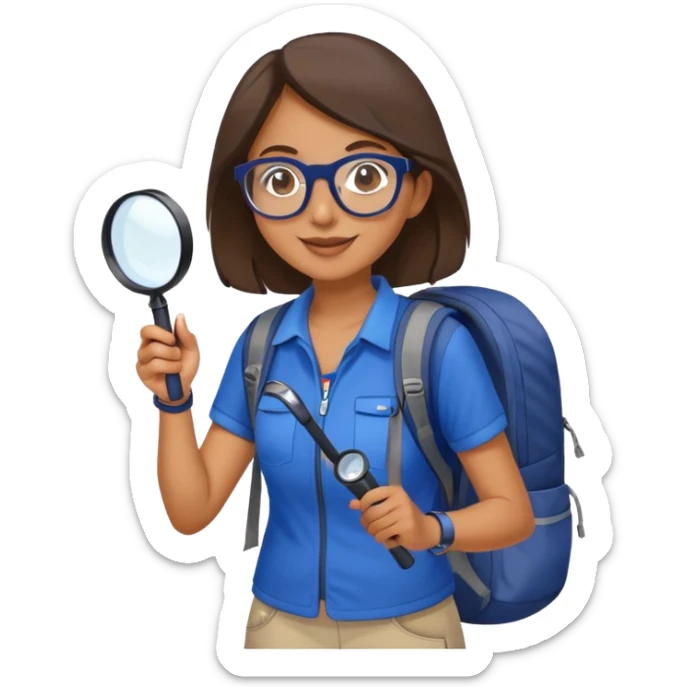 Happy woman hiker with glasses in vibrant dark blue and white outfit, backpack, holding magnifying glass sticker