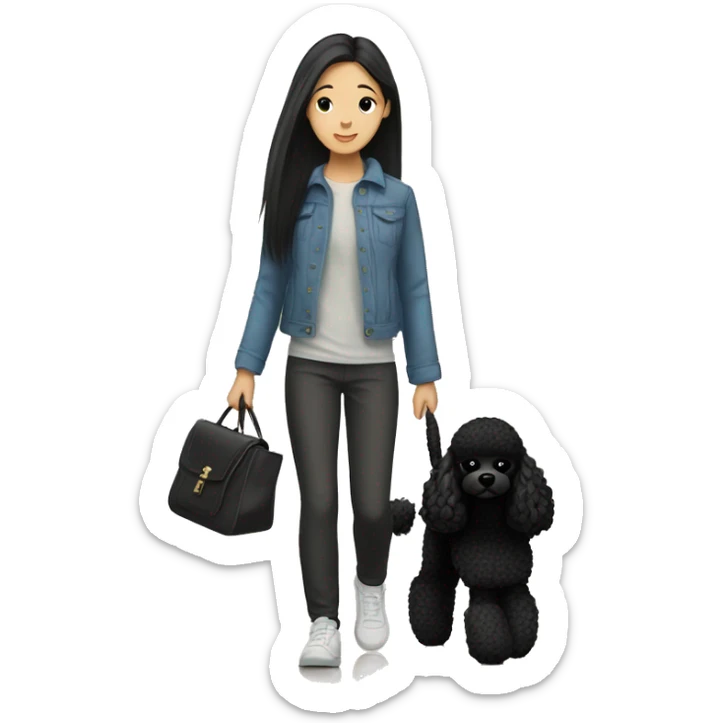One Korean girl with black long straight hair with one black poodle is walking. sticker
