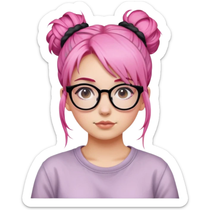 Girl with pink hair in a messy bun and black glasses sticker