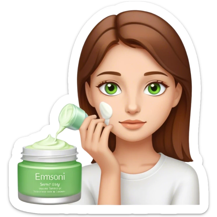 A cute girl putting a cream on her face with brown hair and green eyes sticker