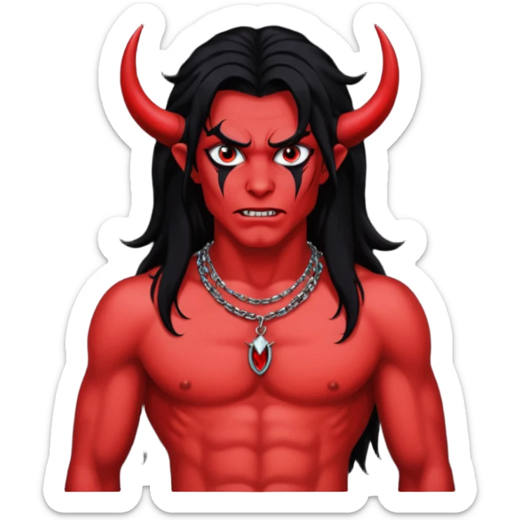 Satan with red skin, long black hair, black sequin baggy pants, shirtless with necklace sticker