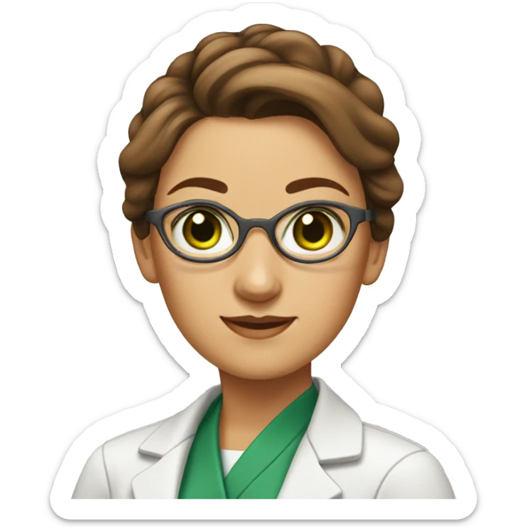 Female scientist with brown hair in a bun and green eyes sticker