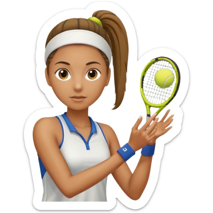 a woman with a ponytail serving a tennis ball, focused face, tennis outfit sticker