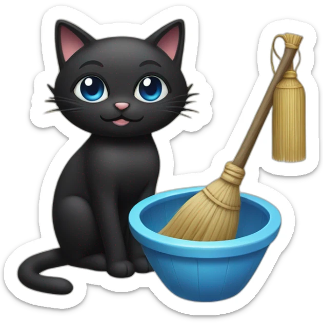 a black cat with blue eyes who sits in a village bathhouse with an oak broom and drinks kvassa broom sticker
