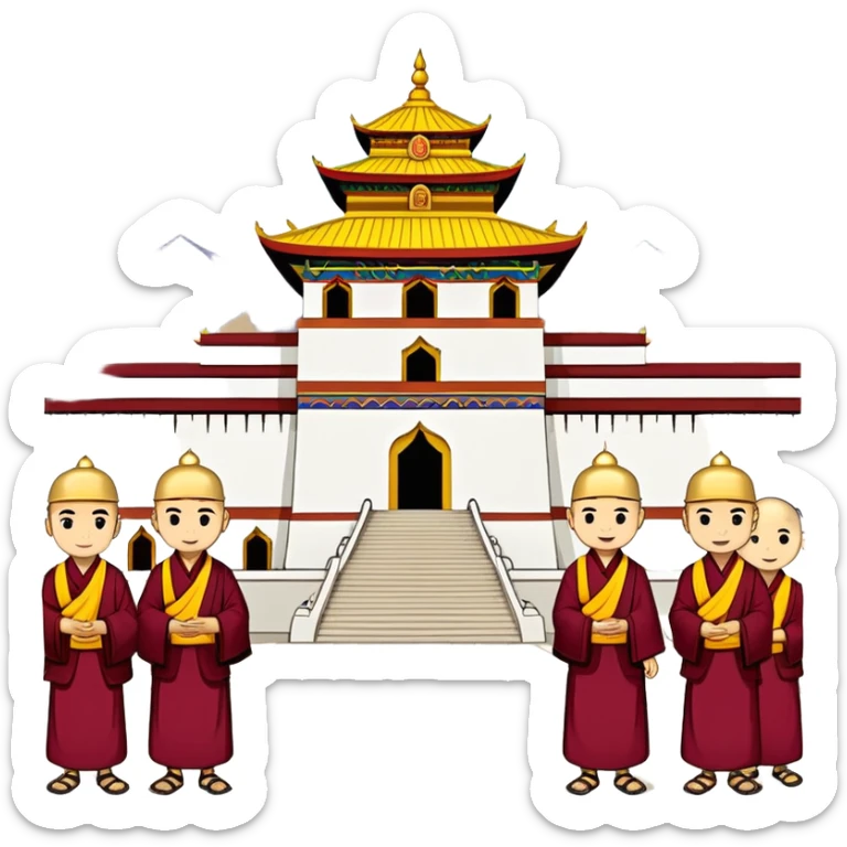 Lhasa Jokhang Temple Tibet with pilgrims, simplified emoji style with bold outlines and bright colors, cartoon style golden roof temple sticker