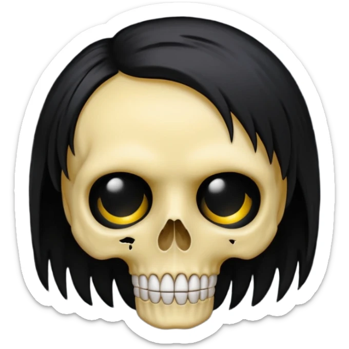 classic yellow emoji of a skull with black emo hair and moody vibe sticker