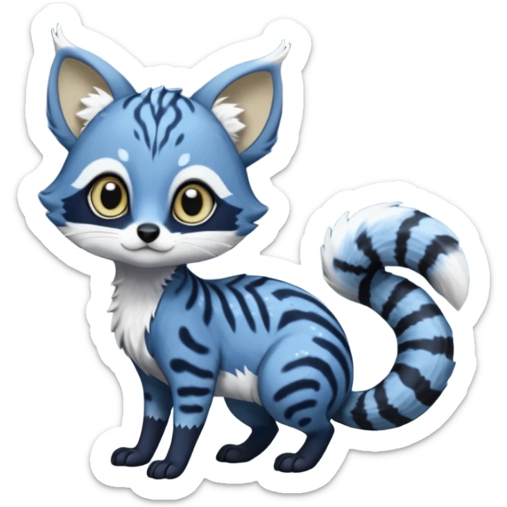 Snowy frosty Snow-lane chibi big-eyed sparkly-eyed animesque derpy cute scary spooky graceful dark-blue-pointed Civet-Genet-Numbat-Ocelot--Ocicat-hybrid-fusion, full body, tufted short tail, long big ears, short muzzle, whiskers, random markings sticker