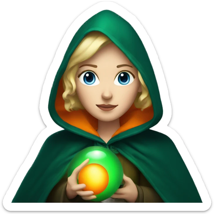 Blonde woman with blue eyes in dark green cloak holding an orange glowing orb sticker