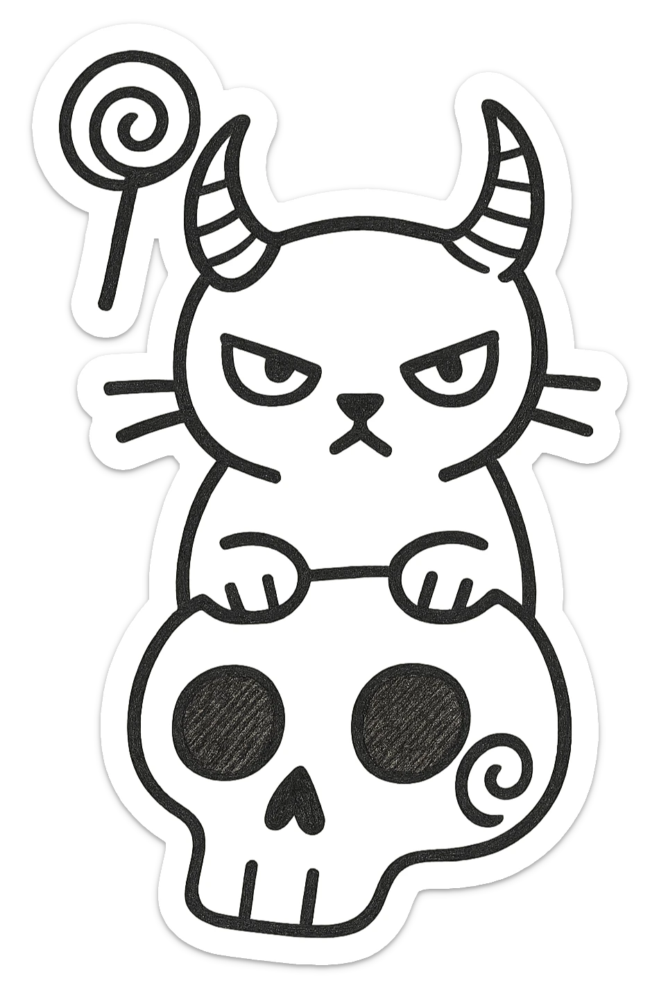 Add the iconic lollipop from the Trick 'R Treat movie hanging from one of the cat's demon horns, hand drawn style with sketchy lines, no fill, preserve the red spiral on the skull, transparent background. sticker