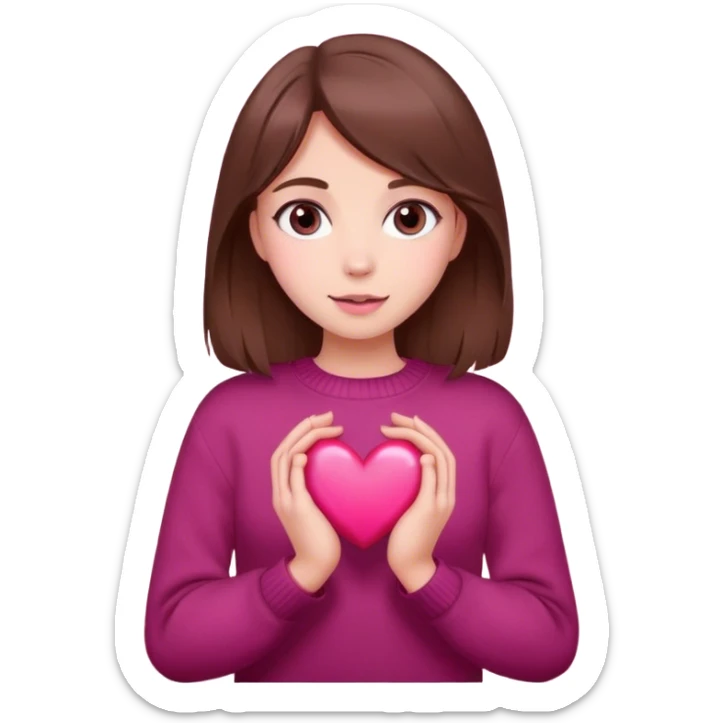 A girl with brown hair smiles, gray eyes, wearing a burgundy sweater, holding a pink heart in her hands sticker