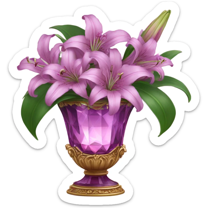 A luxurious bouquet of violet lilies in an ornate Pink crystal vase, placed on an antique wooden table with soft candlelight reflecting off its petals. sticker