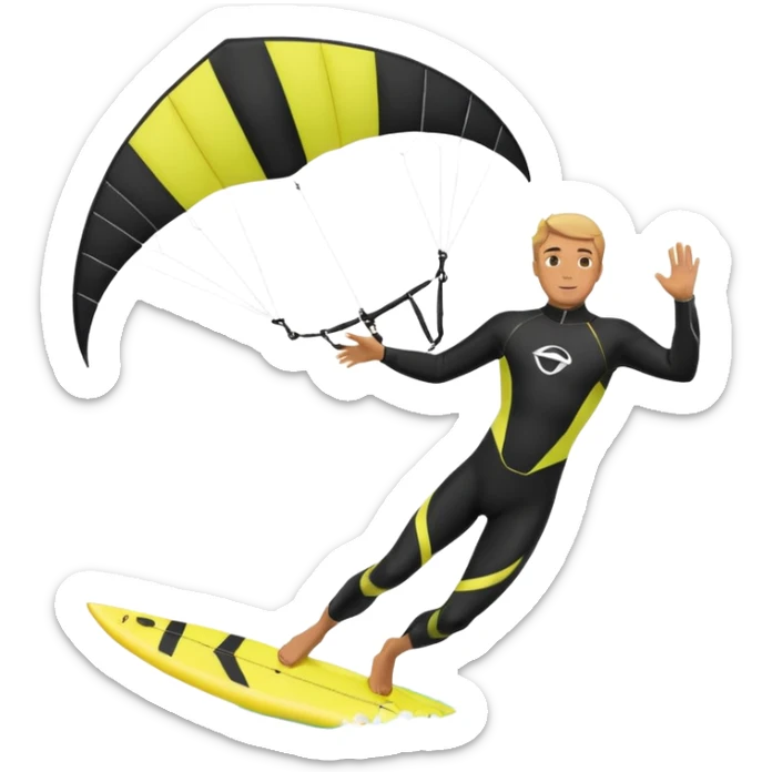 Kiter man con neopreno negro largo en el mar con una cometa kite surf de 18 metros,haciendo kite surf y el truco downloop sticker