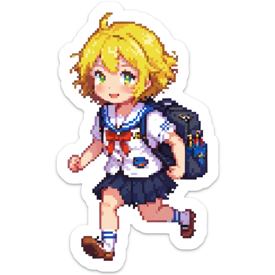 Pixel art anime girl with short bright yellow hair wearing Japanese sailor style school uniform, running energetically with school bag, happy determined expression sticker