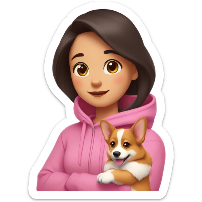 A girl with dark hair, in a pink hoodie hugs a corgi puppy, who winks with pleasure, and there are hearts around sticker