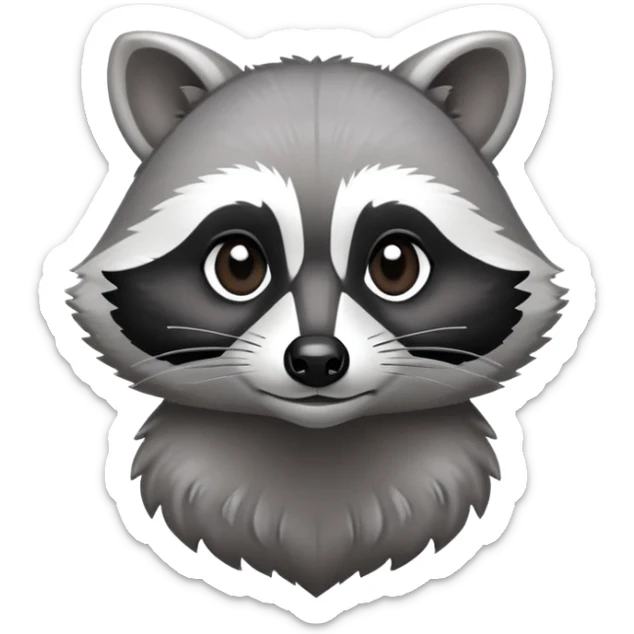 Cinematic-Noble-Raccoon-Portrait-Emoji – Poised and confident, with a sturdy build and a beautifully textured fur of silver-grey accented by dark black facial markings, deep-set, cute big black eyes, simplified yet sharp and sophisticated zoom out to show shoulders sticker