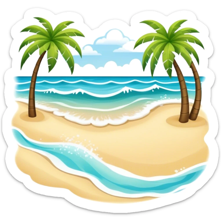 Icon for Beach Tourism: a sunny beach with waves, palm trees, and a snorkel mask, capturing the essence of tropical beach relaxation. The icon should feel bright and carefree, without a frame. Transparent background. sticker