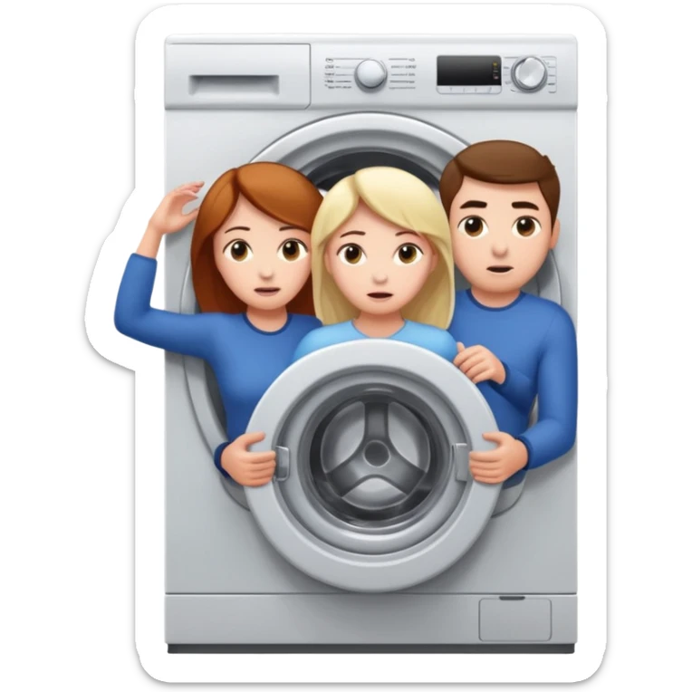 Eine Frau mit dem Kopf  in der Waschmaschine feststeckt und zwei Männer die hinten an ihr ziehen um ihr zu helfen  sticker