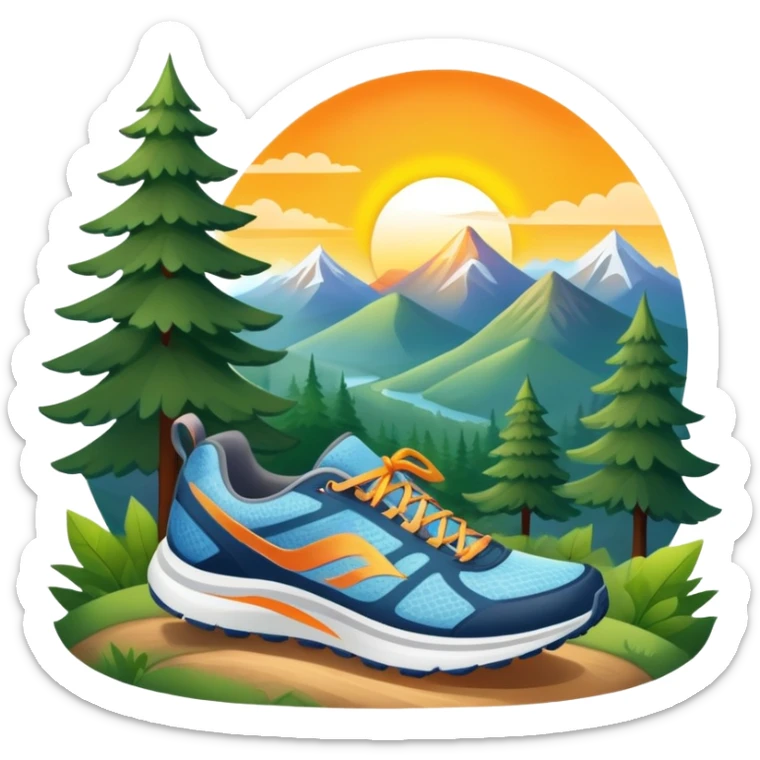 A dynamic icon featuring a pair of running shoes in motion on a scenic trail, surrounded by trees and mountains. The background shows a sunrise, symbolizing energy and passion for running. Transparent background enhances the focus on movement and the joy of outdoor jogging. sticker