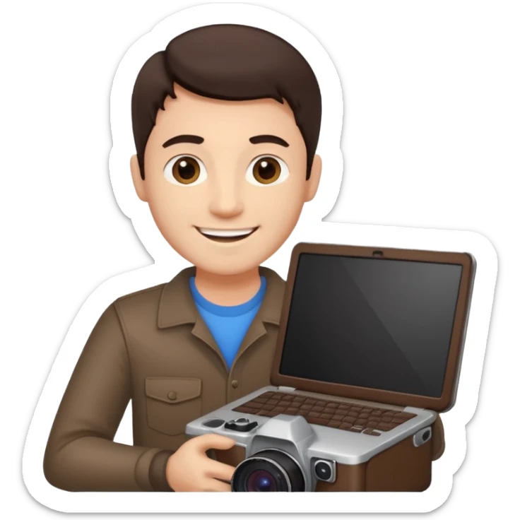 man's head with dark brown hair, holding a laptop and a camera, cheerful and confident sticker