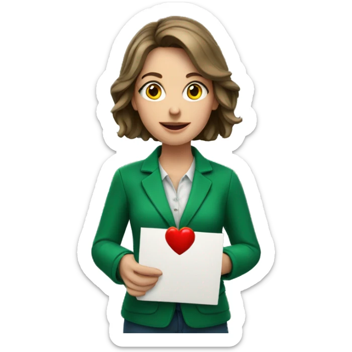 A European female teacher in a green jacket holds a heart in her hands sticker