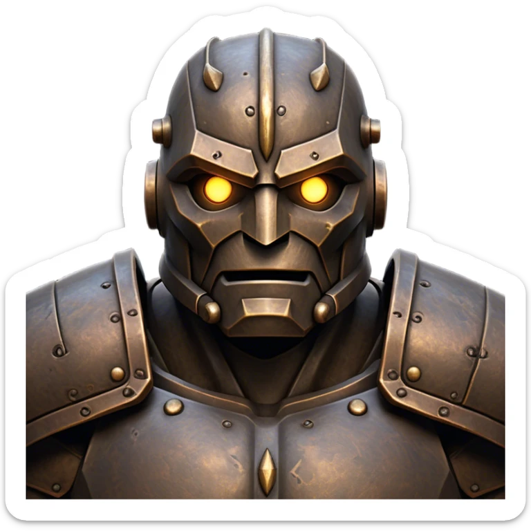 Cinematic Noble Mighty Iron Golem Portrait Emoji Poised and imposing, with a towering, metallic form forged from intricately detailed plates of burnished steel and ancient bronze, etched with faint traces of runes and weathered marks of time. Its piercing, glowing eyes radiate unwavering resolve, casting a solemn and commanding presence; rendered with lifelike texture and natural metallic highlights, high shine, elegant yet indomitable, styled with an aura of legendary endurance, focused and resolute, soft glowing outline, capturing the essence of an eternal guardian, standing vigilant and immovable as if ready to awaken at any moment with unstoppable might! sticker