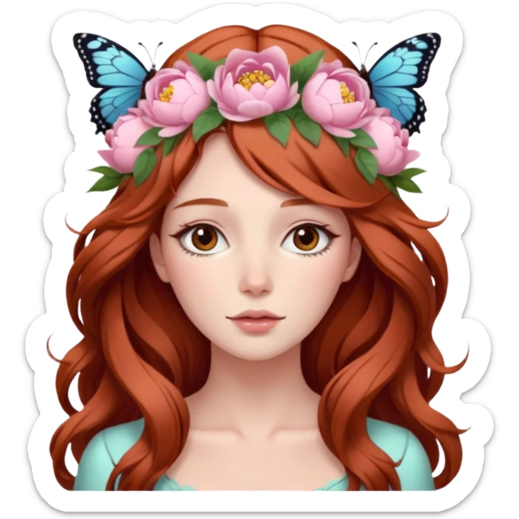 Woman with long flowing auburn hair wearing a pastel flower crown with big peonies and roses and butterflies in it sticker