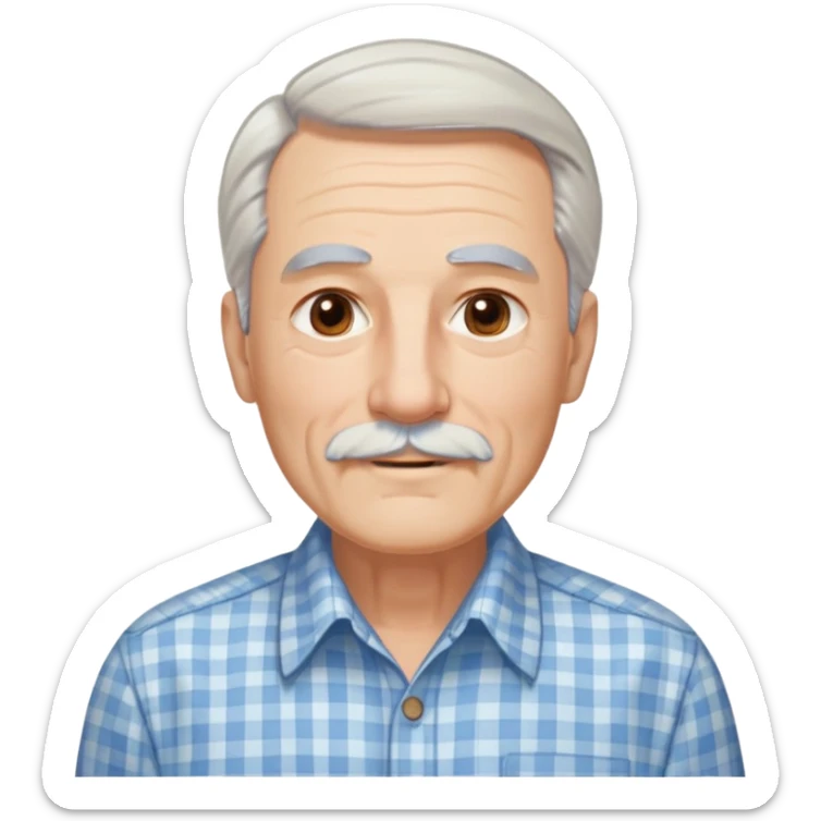 Man in his 70s with fair skin and gentle wrinkles. Long face with warm smile. Soft light brown eyes. Thin gray eyebrows. White goatee beard connected to mustache. Straight white hair combed back, longer on sides. Wearing a light blue and beige checkered button-up shirt. sticker