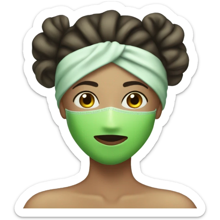 A girl having a spa day with a robe and a towel on her head with a green face mask sticker