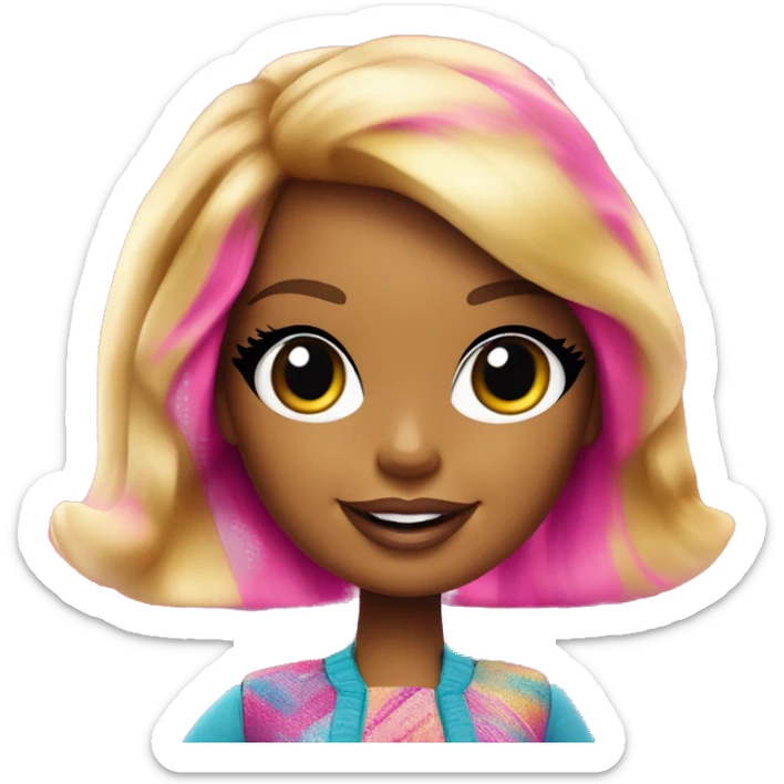 An image of a Barbie doll wearing a stylish outfit with the word 'Barbie' written across the clothing, set in a fun, vibrant background sticker