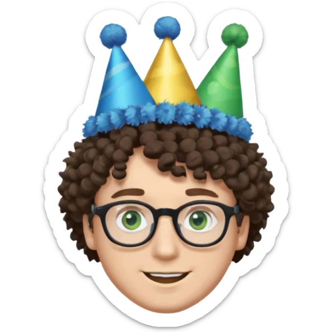 A white guy with curly brown hair and green eyes with a happy face, and wear square black glasses.He’s also got a full silver birthday party hat on his head with blue pom poms on top of it, and his T-shirt is all black, he wears a little gold circle earrings on his left  sticker
