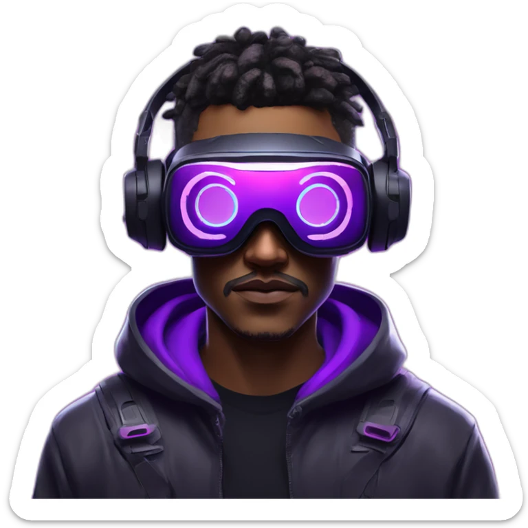 Cyberpunk style. Violet neon. Man with light skin in the black hoody with violet OMG VR logo on it wearing vr headset oculus quest 2 sticker