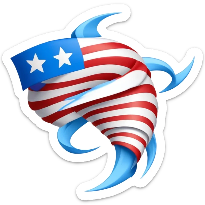 Crear un emoji de un Ciclon o Tornado en forma de embudo espiral que tenga 2 banderas  cruzadas sobre el emoji del Ciclon o Tornado. La bandera debe ser de color rojo y azul. Cada una de las banderas debe tener 2 lineas horizontales de color rojo y 2 lineas horizontales de color azul. sticker