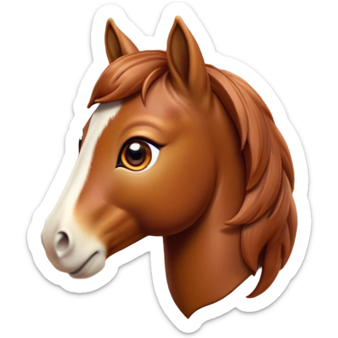 Cinematic Cute Chestnut Horse Portrait Emoji, Head tilted playfully and inquisitively, showcasing a glossy chestnut fur with a vibrant sheen and gentle, expressive amber eyes, Simplified yet irresistibly adorable features, highly detailed, glowing with a warm, friendly glow, high shine, affectionate and spirited, stylized with a touch of whimsy, bright and endearing, soft glowing outline, capturing the essence of a mischievous yet loving horse, so playful it feels like it could prance out of the screen and into your arms! sticker