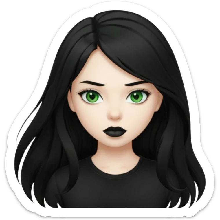 Black haired girl, green eyes, black lipstick, white skin, black t shirt, sharp face, long hair sticker