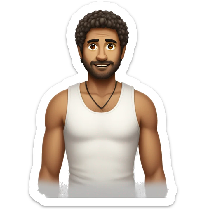 german and indian man with shaggy haircut, white tank top sticker