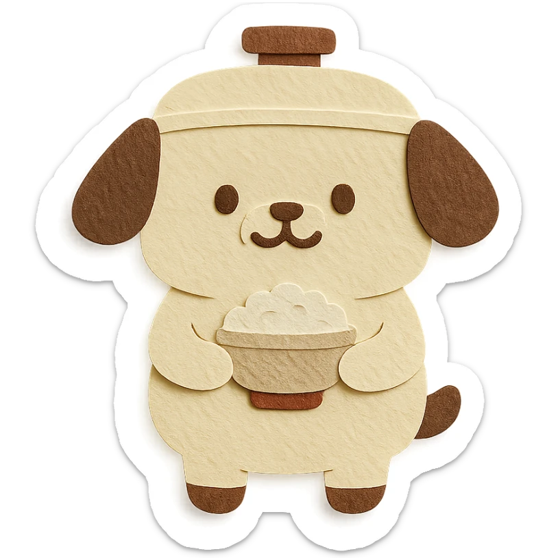 chibi rice cooker dog with a round belly, holding a rice bowl, soft cream and brown tones, full-body sticker