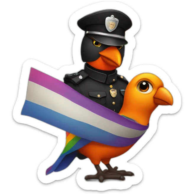 Gay anthropomorphic black and orange bird holding a police flag and a pride flag sticker