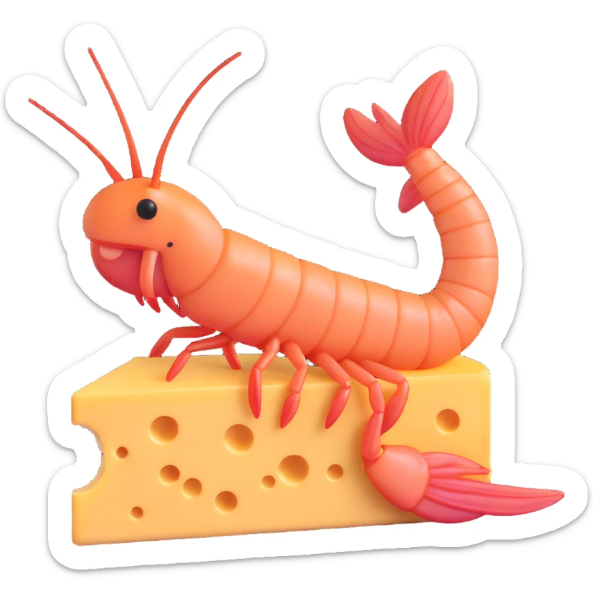 a fun and simple shrimp sitting on top of a piece of cheese, clear subject sticker